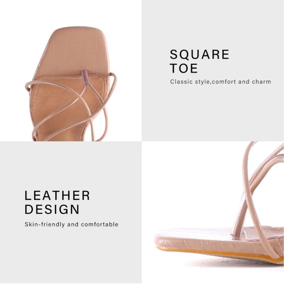 Strappy High heels Lace up Sandals Square Toe Stiletto Heels Nude Brown - Picture 5 of 6